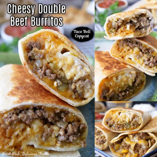 A three collage photo of beef burritos.