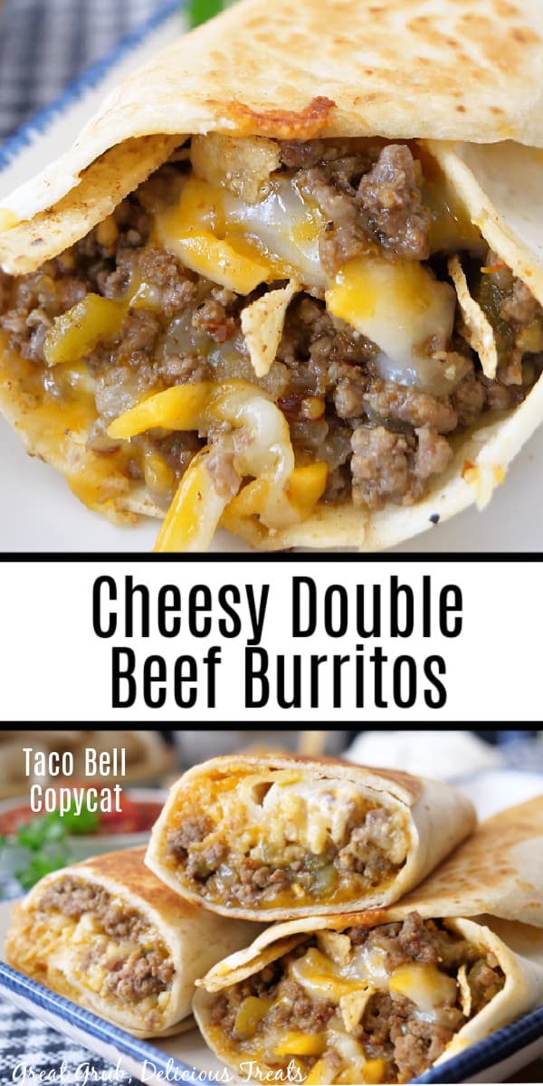 A double collage photo of a Cheesy Double Beef Burrito with the title of the recipe in the center of the two photos.