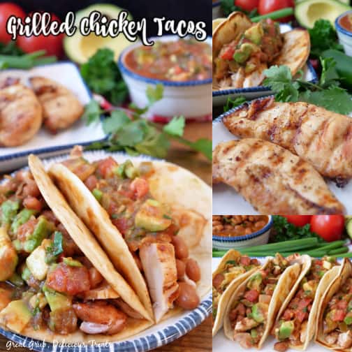 A three collage photo of grilled chicken tacos.