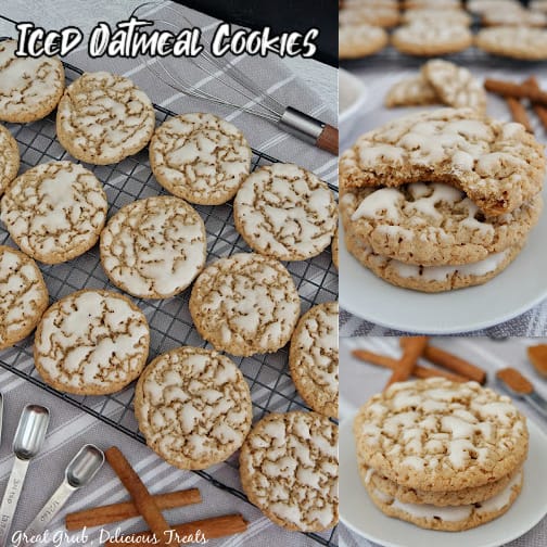 A three photo collage of oatmeal cookies with a title in the top left corner.
