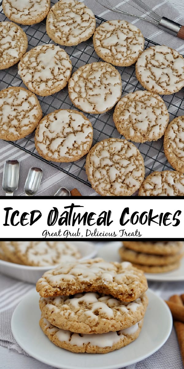 Double photo collage of iced oatmeal cookies with the title in between both pics.