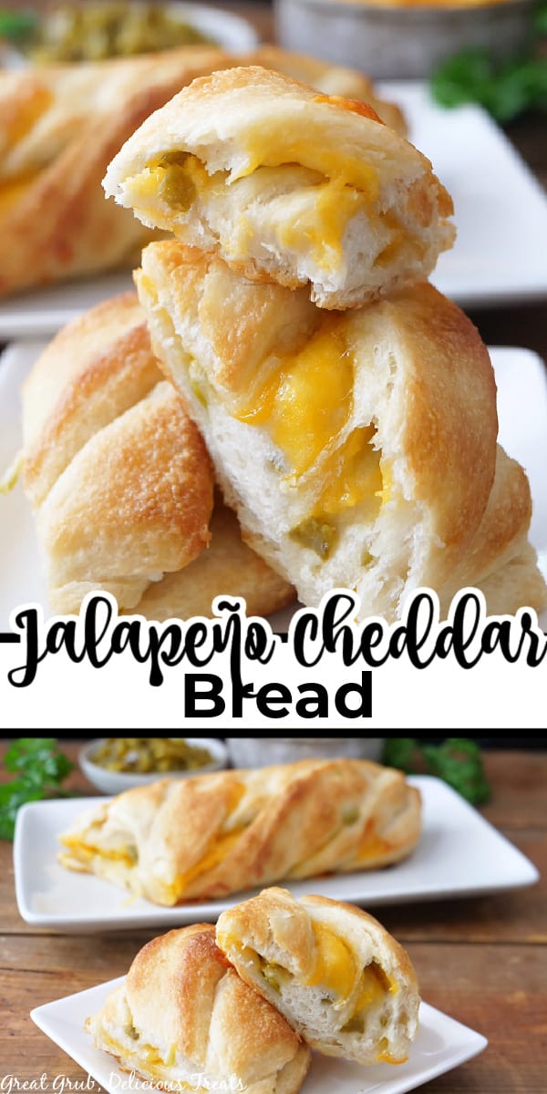 A double collage photo of jalapeno cheddar bread with the title of the recipe in the center of the two photos.