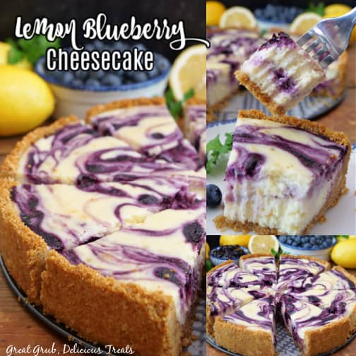 A three collage photo of a lemon blueberry cheesecake.