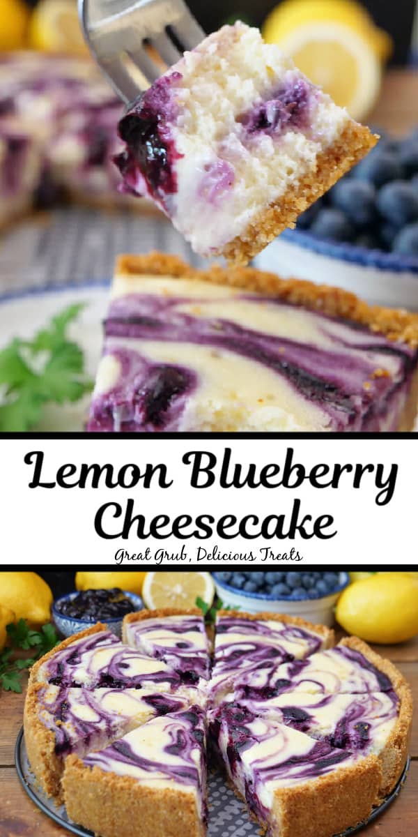 A double collage photo of lemon blueberry cheesecake.