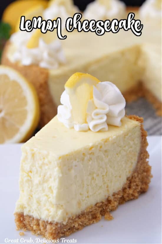 A slice of lemon cheesecake with a bite taken out  of it placed on a white plate.