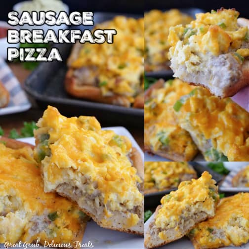 A three collage photo of sausage breakfast pizza.