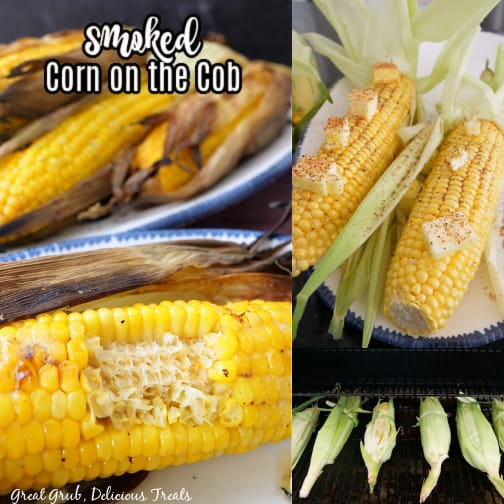A three photo collage of smoked corn on the cob.