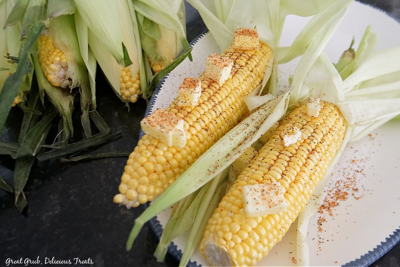 An overhead photo two cobs of corn on a white plate with cubes of butter and seasoning on it.