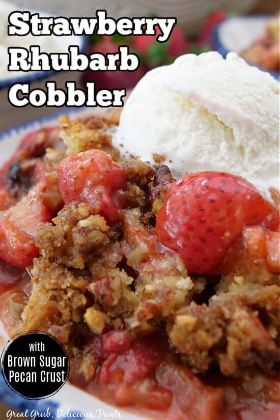 A white blue with blue trim filled with a serving of cobbler with a scoop of ice cream on top.