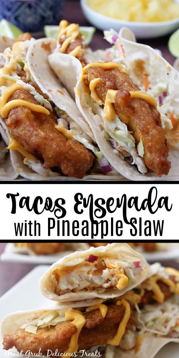 A double collage photo of tacos Ensenada with pineapple slaw.