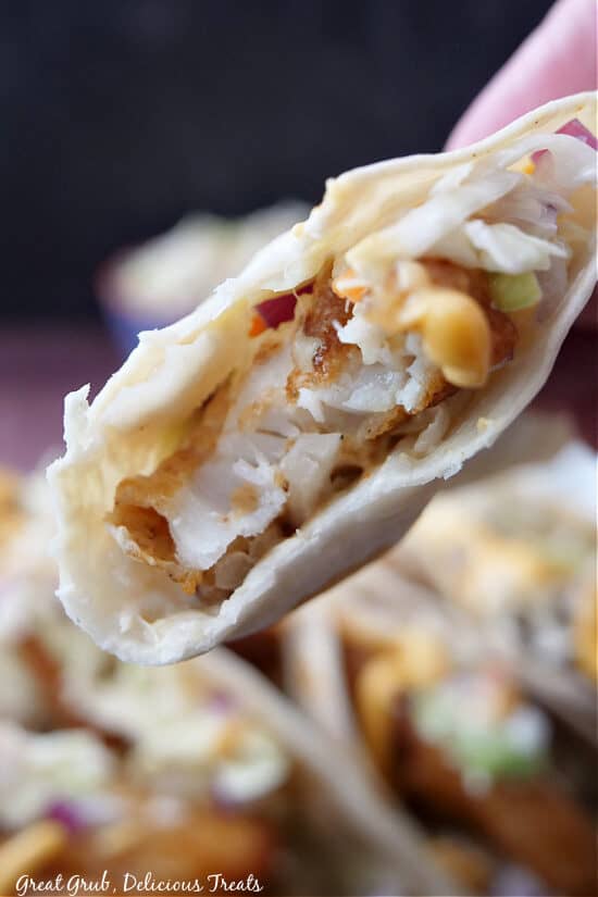 A close up of a fish taco with a bite taken out of it.