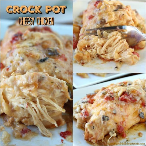 A three collage photo of crock pot cheesy chicken.