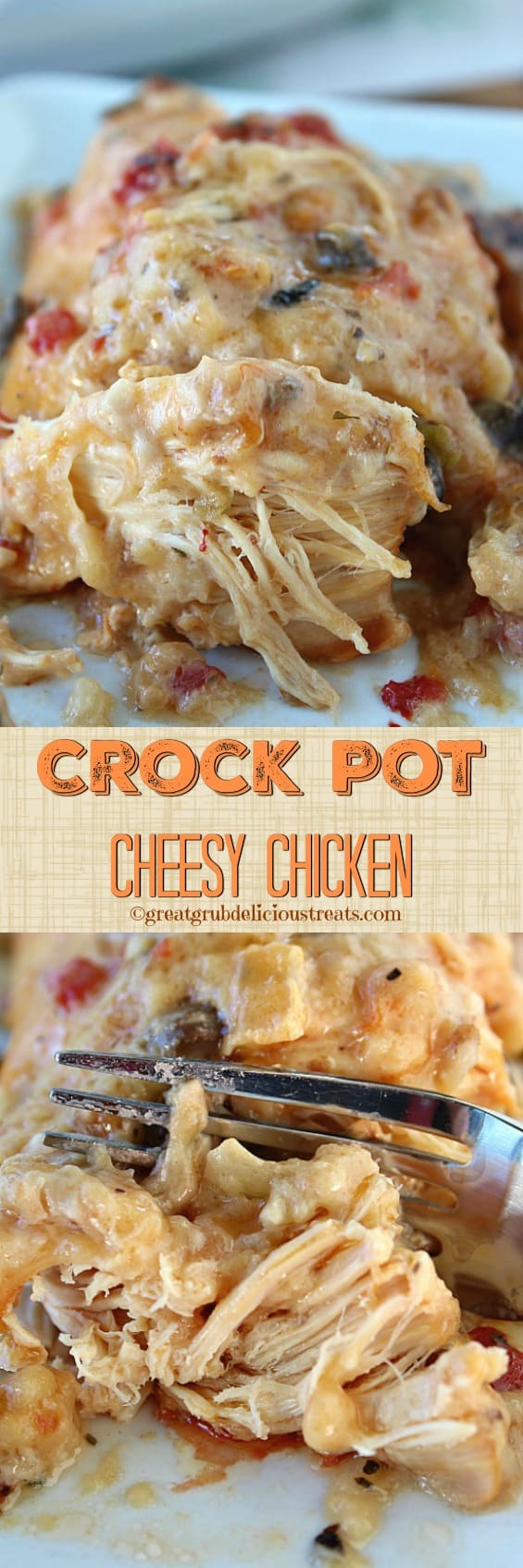 A double collage photo of crock pot cheesy chicken.