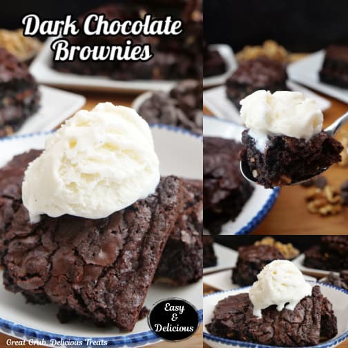 A three collage photo of dark chocolate brownies in a white bowl with blue trim.