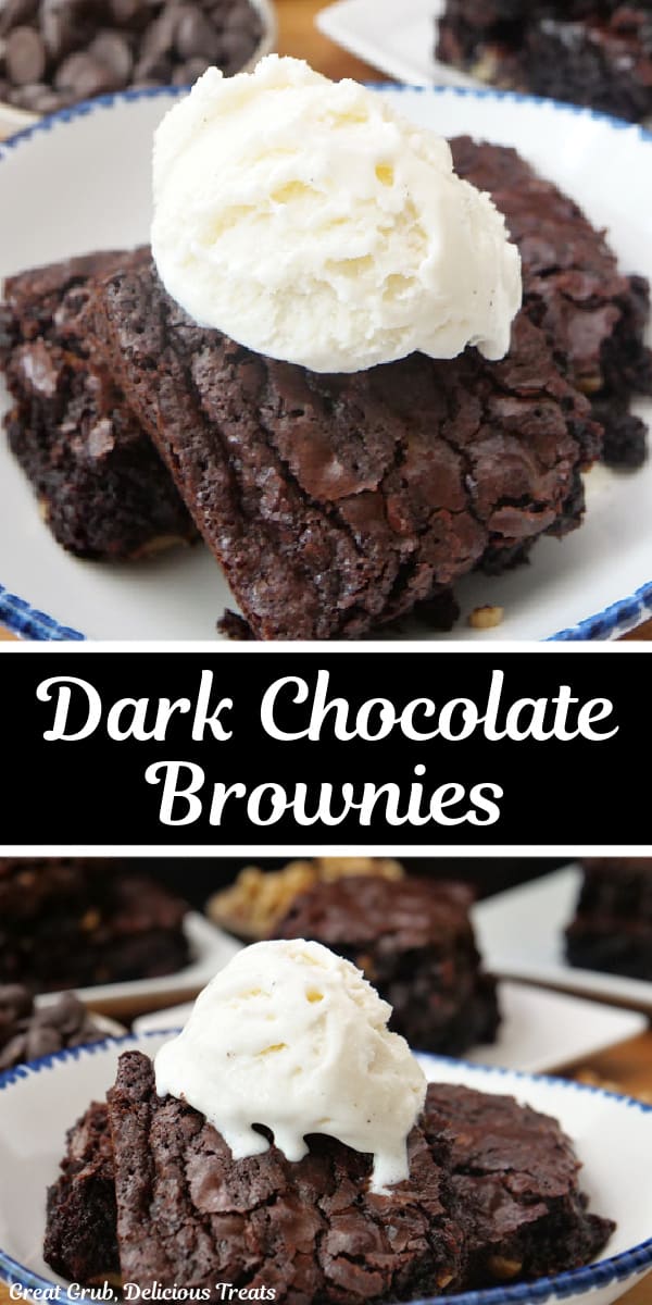 A double collage photo of dark chocolate brownies with the title of the recipe in the center between the two photos.
