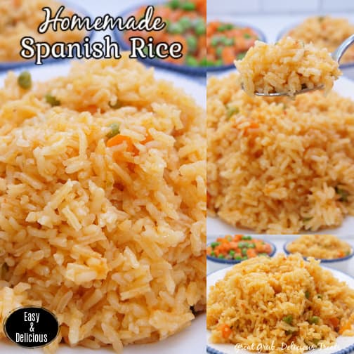 A three collage photo of homemade Spanish rice.