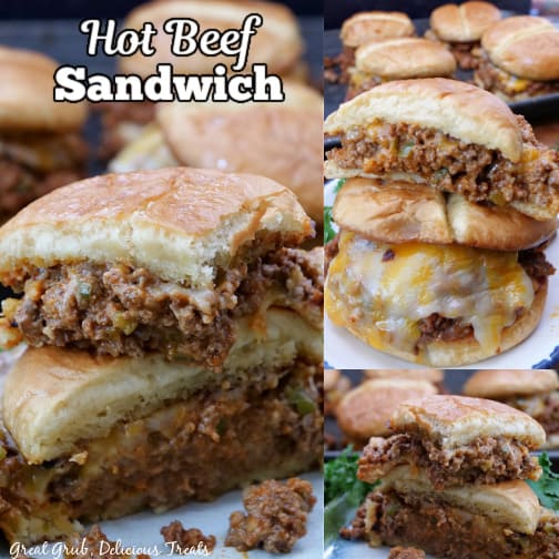 A three collage photo of hot beef sandwiches.