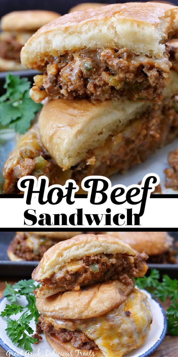 A double collage photo of hot beef sandwiches on a white plate with blue trim with the title of the recipe in the center of the two pictures.
