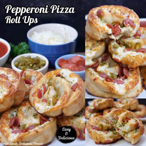 A three collage photo of pizza roll ups with pepperoni and diced jalapenos.