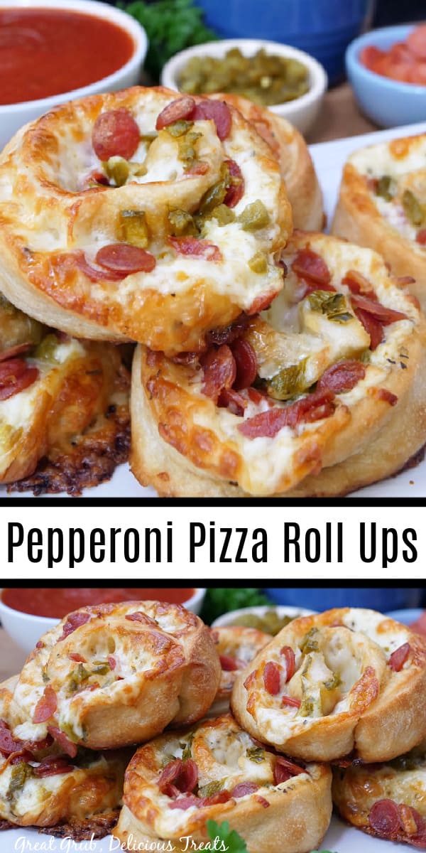 A double collage photo of pepperoni pizza roll ups with the title of the recipe in the center of the two photos.