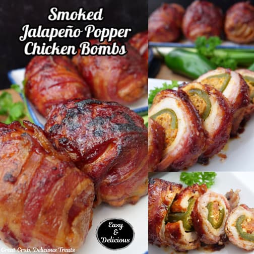 A three collage photo of smoked jalapeno popper chicken bombs.