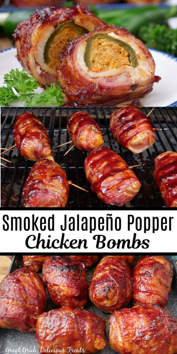 A double collage photo of smoked jalapeno popper chicken with the title of the recipe in the center of the two photos.