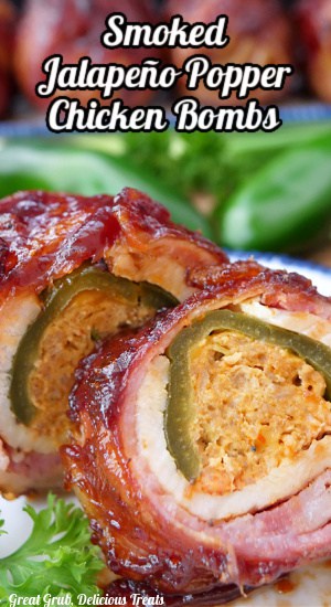 A close up of a chicken breasts stuffed with a jalapeno popper, wrapped in bacon and is sliced.