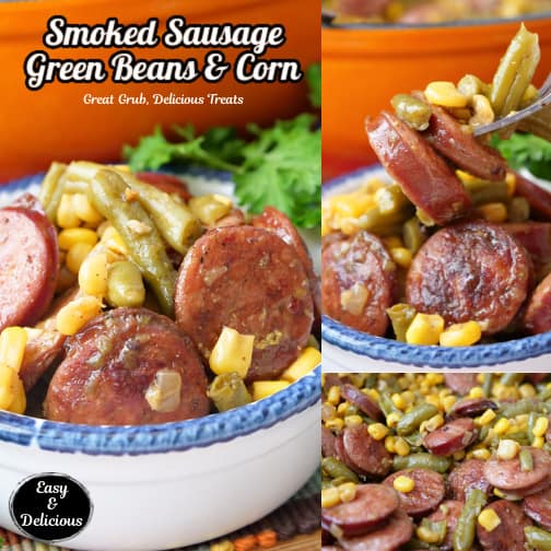 A three collage photo of sliced sliced sausage, corn and green beans in a white bowl with blue trim.
