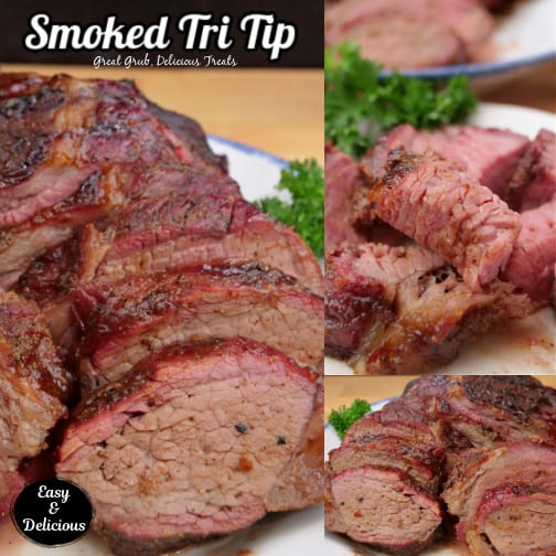A three collage photo of a smoked tri tip on a white plate.