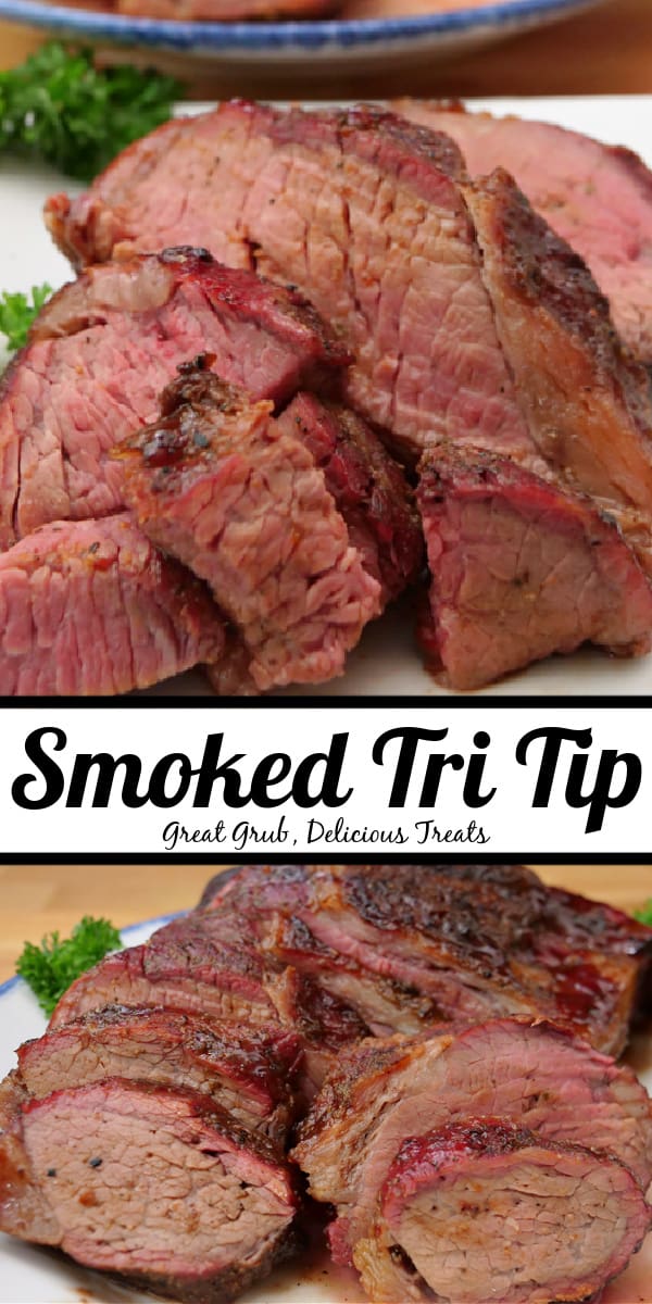 A double collage photo of a smoked tri tip.