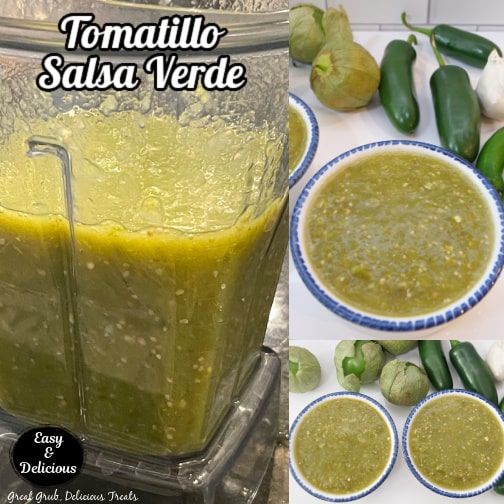 A three collage photo of tomatillo salsa verde.