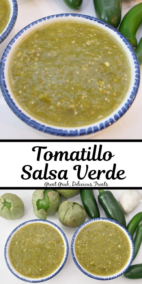 A double collage photo of tomatillo salsa verde.