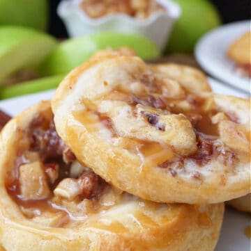 Two apple pastries on a white plate.