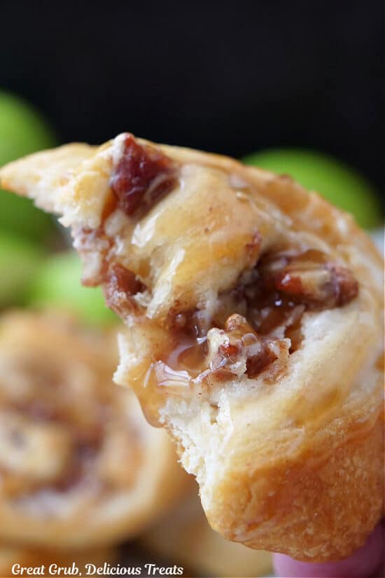 A close up photo of a crescent roll with a bite taken out of it.
