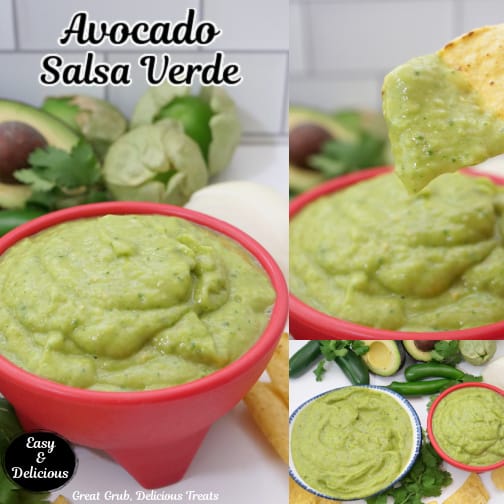 A three photo collage of a red bowl filled with avocado salsa verde.