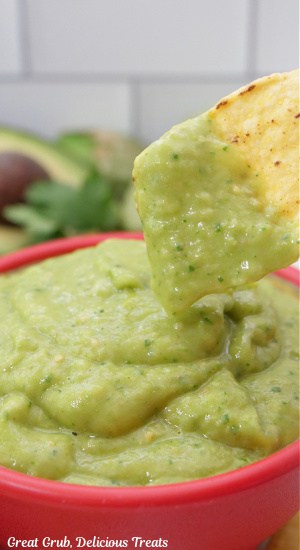 A close up of a corn tortilla chip dipped into the salsa verde.