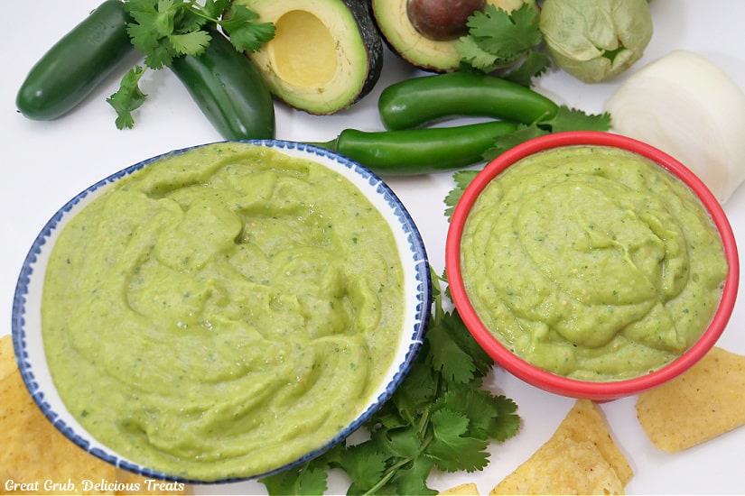 A horizontal photo of a white bowl with blue trim and a red bowl both filled with avocado salsa verde.