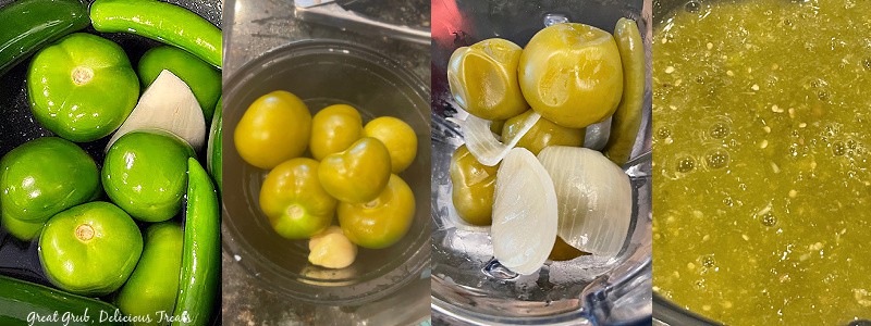 Four in process photos of tomatillos, peppers and onions.