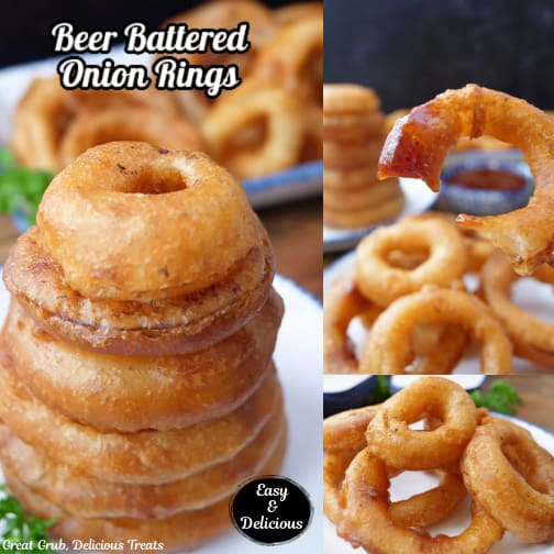 A three collage photo of beer battered onion rings on a white plate with the title of the recipe at the top left-hand side of the photo.