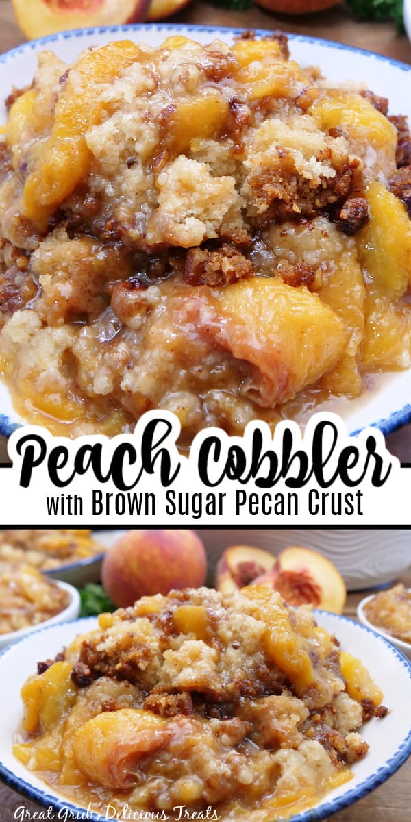 A double collage photo of peach cobbler in a white bowl with blue trim.
