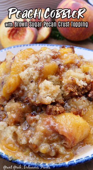A white bowl filled with peach cobbler.