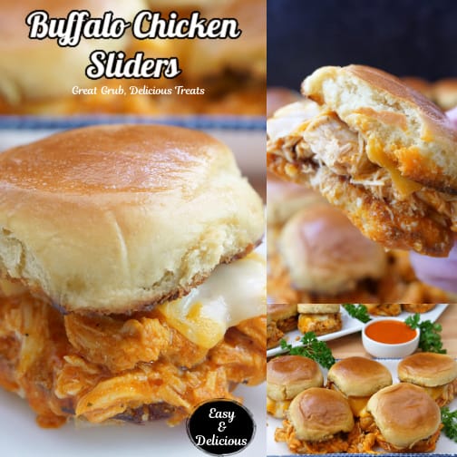 A three collage photo of buffalo chicken sliders.