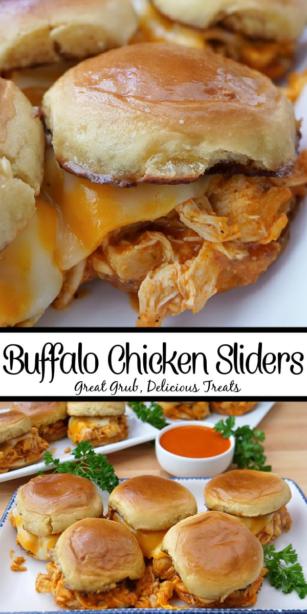 A double collage photo of shredded chicken sliders with buffalo sauce with the title of the recipe in the center of the two photos.