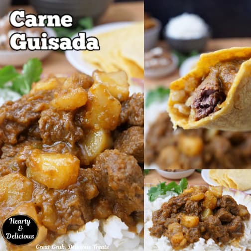 A three collage photo of Carne Guisada.