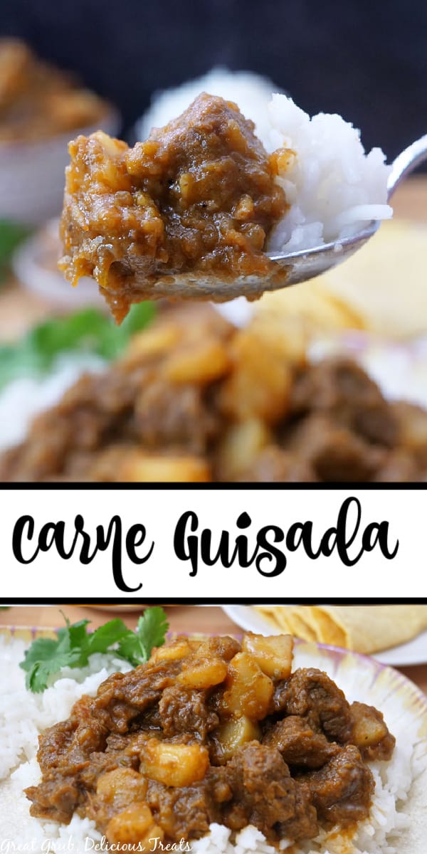 A double collage photo of carne Guisada
