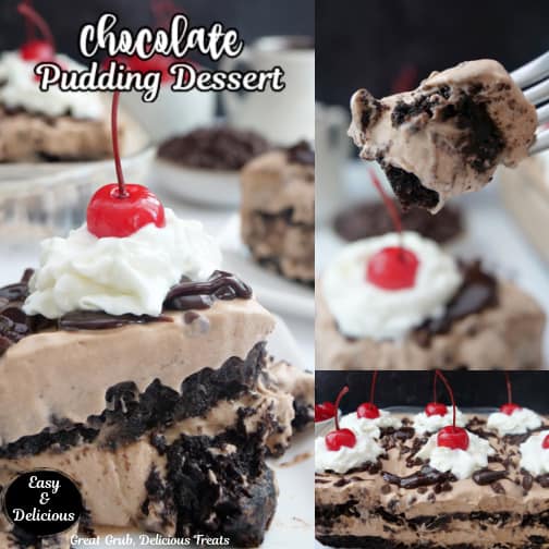 A three collage photo of chocolate pudding dessert made with brownies and chocolate pudding.