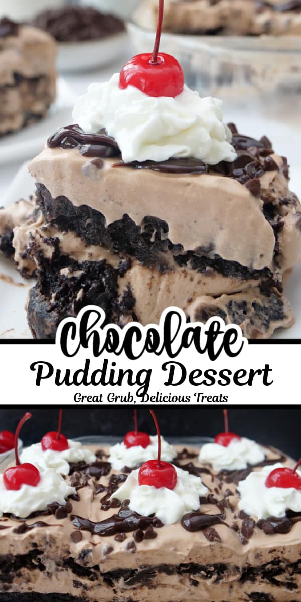 A double collage photo of chocolate pudding dessert with the title of the recipe in the center of both photos.