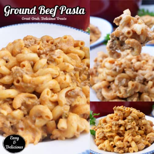 A three collage photo of ground beef pasta.