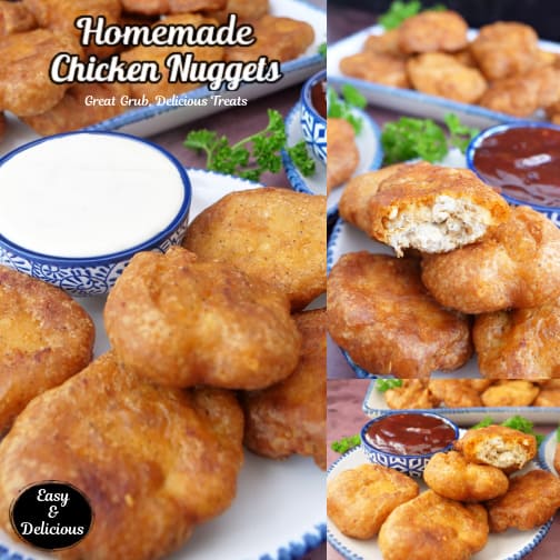 A three collage photo of homemade chicken nuggets.