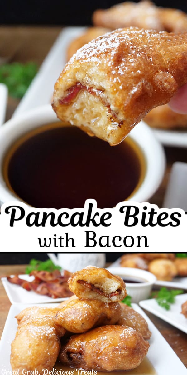A double collage photo of pancake bites with bacon in them with the title of the recipe in between the two photos.